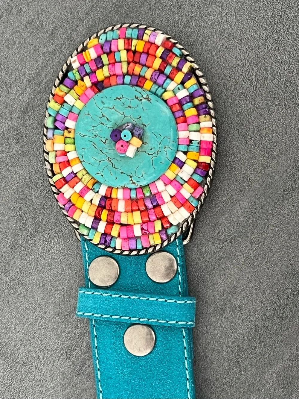 DC Vintage Turquoise Beaded Belt Buckle‎ Leather Women’s Size Medium / Large